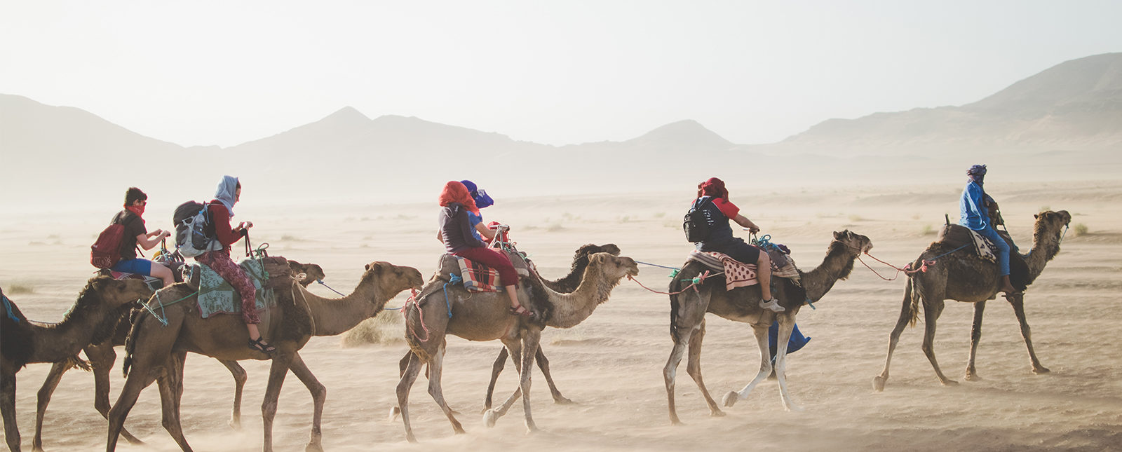 Three camels carrying people through the desert